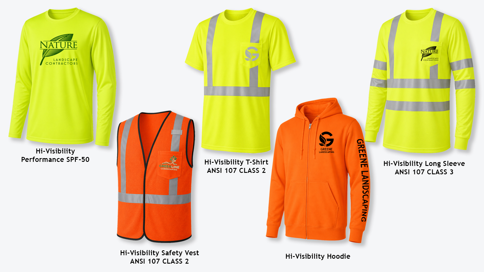 Five high-visibility workwear styles including performance shirts, reflective tees, a vest, a hoodie, and a long sleeve shirt
