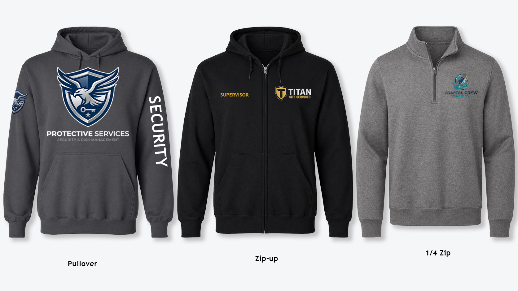 Three branded outerwear styles including pullover hoodie, zip-up hoodie, and quarter-zip