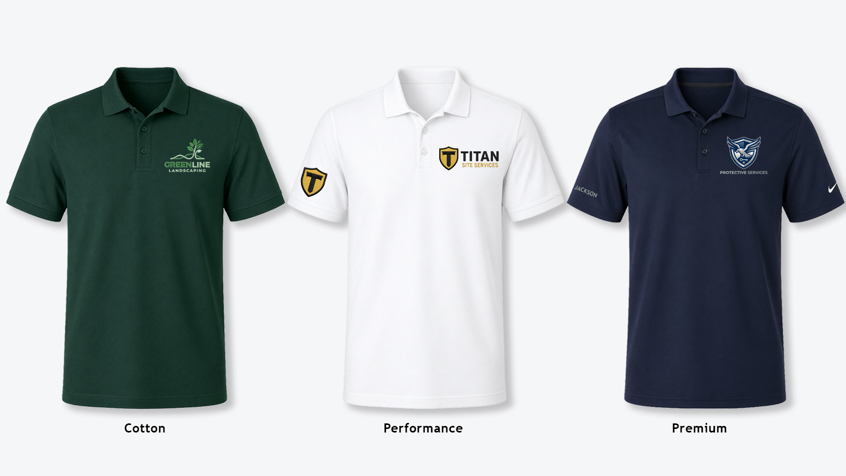 Three embroidered polo styles including cotton, performance, and premium options