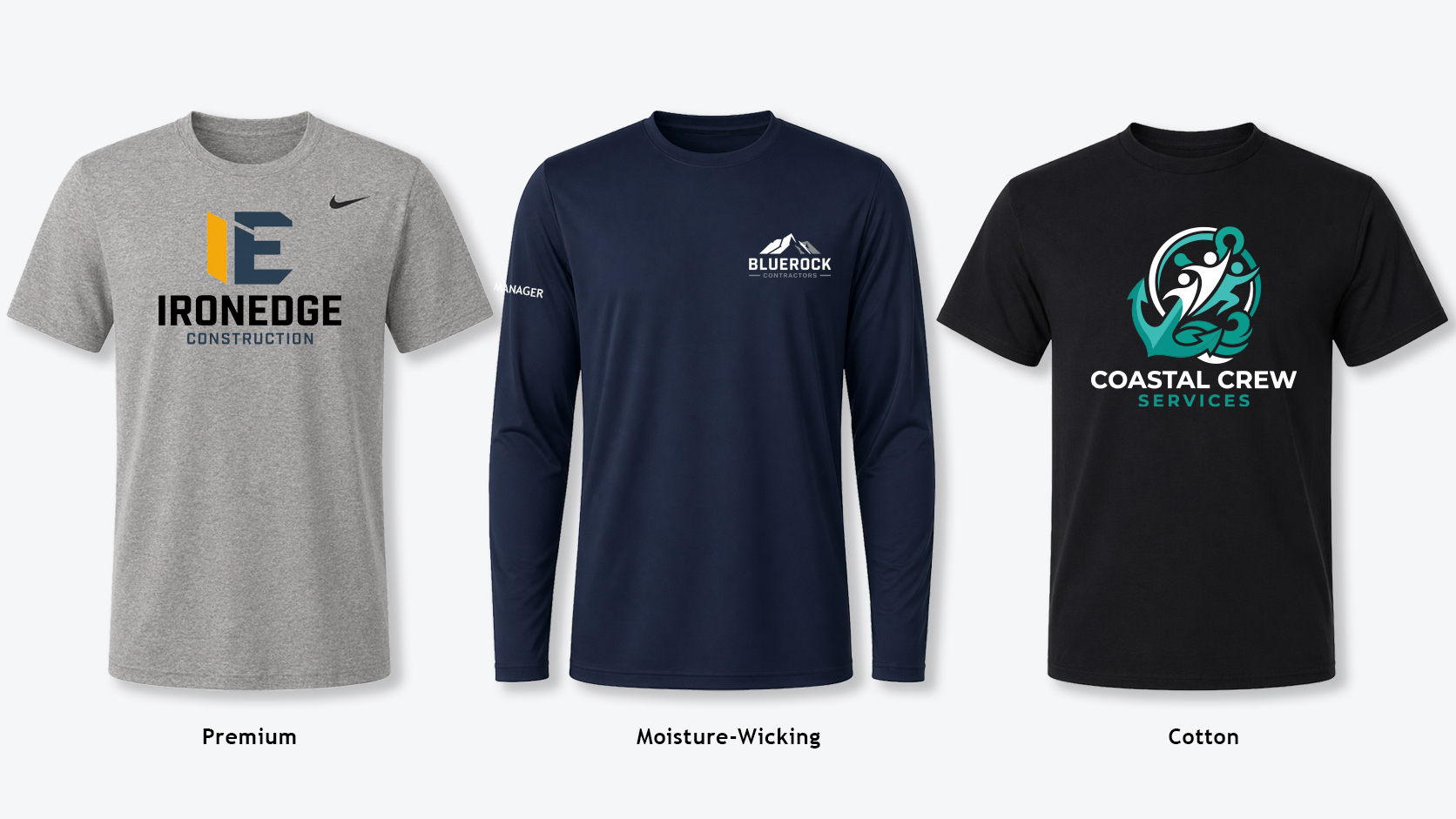 Three printed work T-shirt styles including premium, moisture-wicking, and cotton options