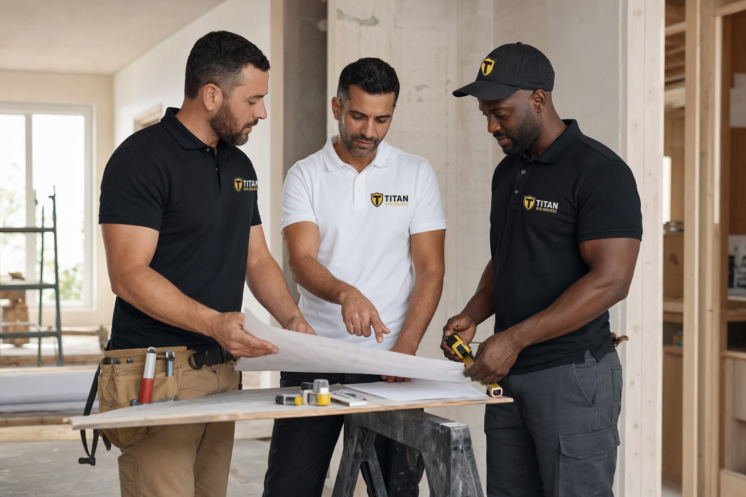 Contractor crew wearing work shirts and high-visibility workwear on a jobsite