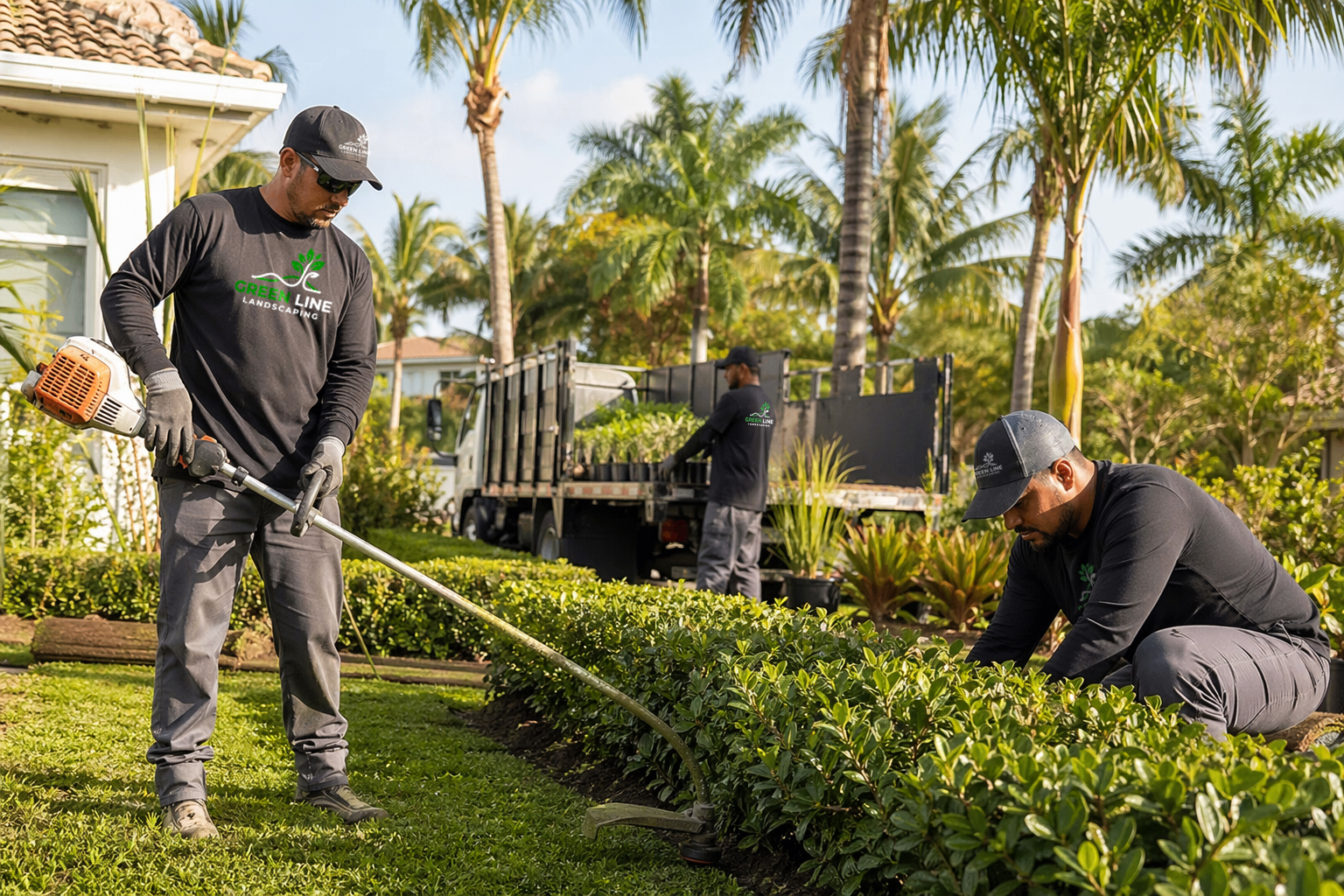 Landscaping crew working outdoors in matching work shirts